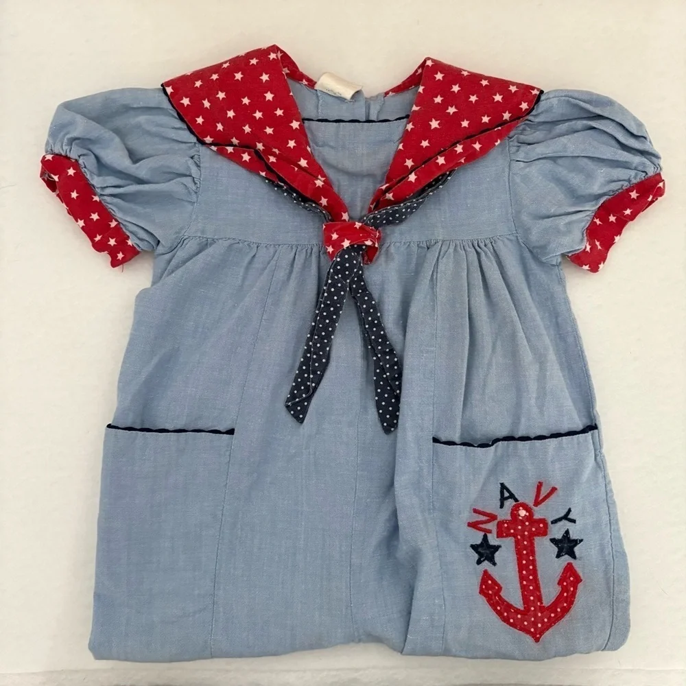 Vintage Kids Navy Patriotic 4th of July Denim Romper Size 18 Months